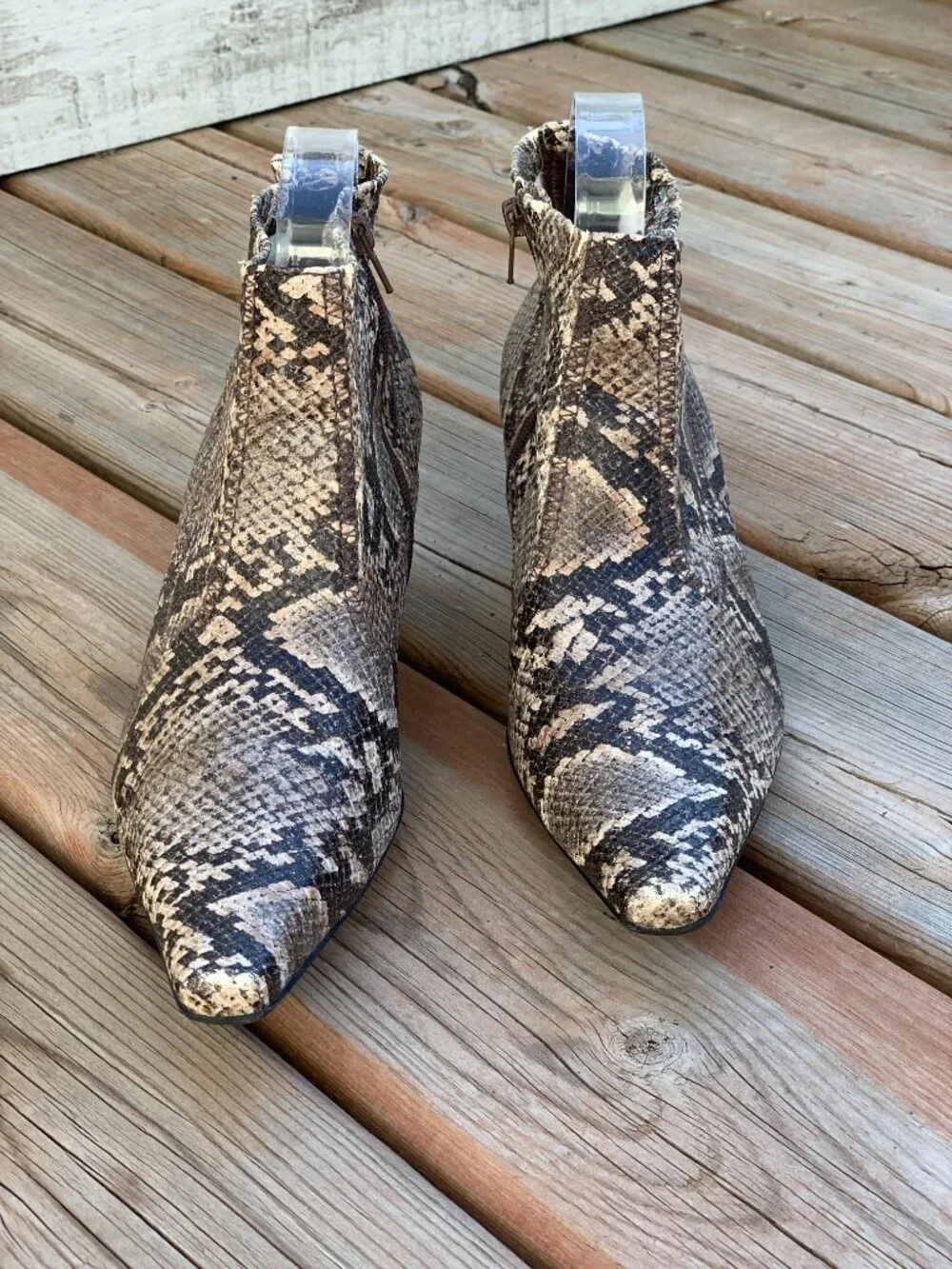 Vintage Franco Sarto Ankle Boot Brown Snakeskin Pointy Toe Kitten Heel Side Zip